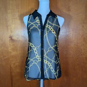 Decree Sheer Black Hi-Lo Button Down Tank/Sleeveless Top with Gold Chain Pattern
